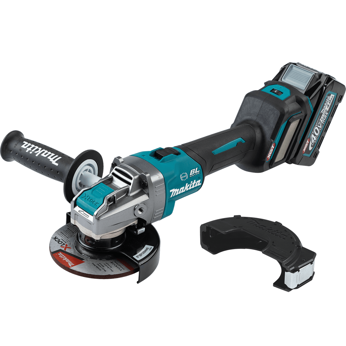 Full side view of the Makita GAG11M1 40V Max XGT brushless cordless 5-inch angle grinder kit, featuring the teal industrial housing, X-LOCK quick-change mount, and ergonomic body grip.