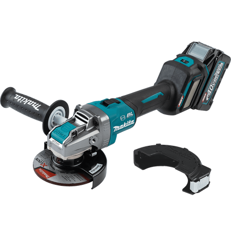 Full side view of the Makita GAG11M1 40V Max XGT brushless cordless 5-inch angle grinder kit, featuring the teal industrial housing, X-LOCK quick-change mount, and ergonomic body grip.