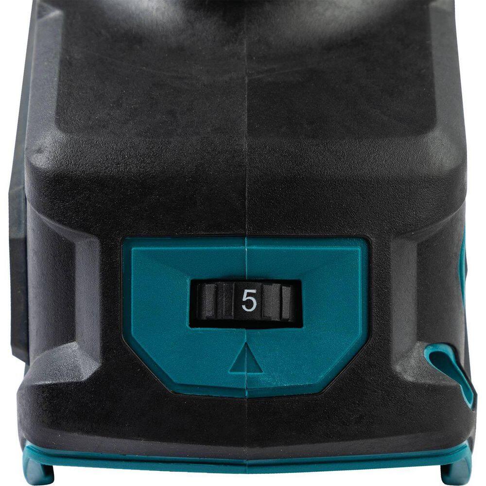 Detailed close-up of the variable speed control dial on the Makita 40V Max XGT grinder, allowing users to adjust RPM settings between 3,000 and 8,500 for different materials.