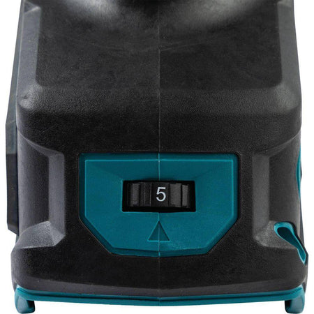 Detailed close-up of the variable speed control dial on the Makita 40V Max XGT grinder, allowing users to adjust RPM settings between 3,000 and 8,500 for different materials.