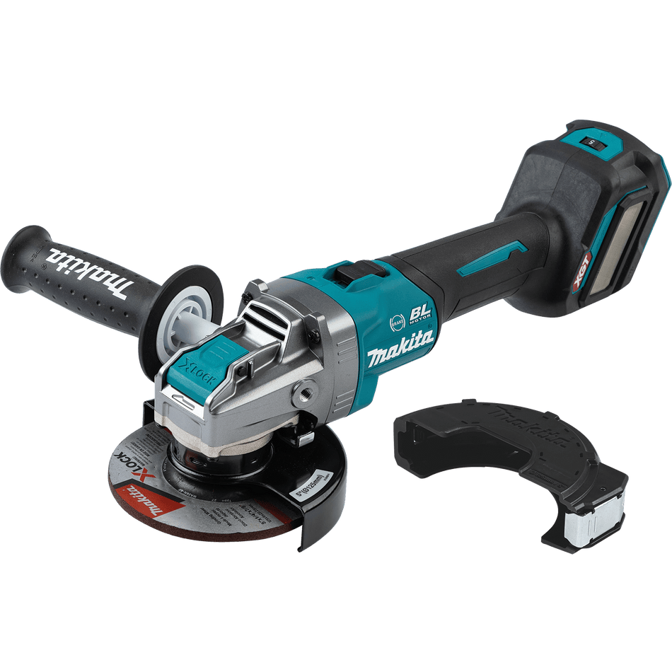 Professional Makita GAG11Z 40V Max XGT brushless cordless 5-inch angle grinder shown with an empty tool-free X-LOCK mounting spindle and adjustable protective safety guard.