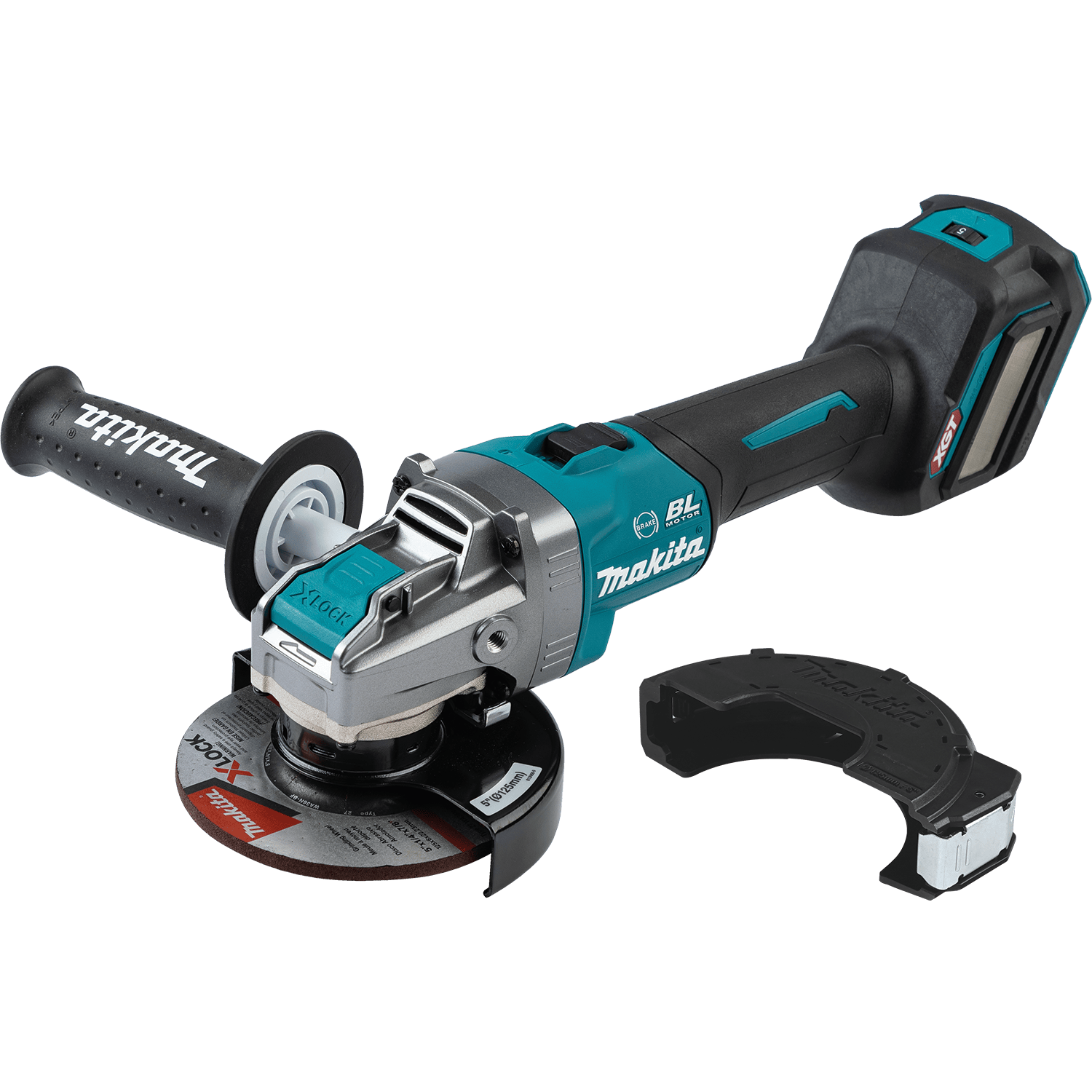 Isolated view of the Makita GAG11Z 40V Max XGT brushless cordless 5-inch angle grinder bare tool, featuring the specialized X-LOCK spindle, a protective wheel guard, and an ergonomic secondary side handle for heavy-duty industrial metal grinding.
