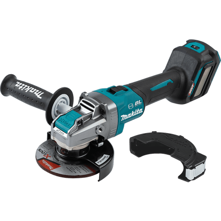 Isolated view of the Makita GAG11Z 40V Max XGT brushless cordless 5-inch angle grinder bare tool, featuring the specialized X-LOCK spindle, a protective wheel guard, and an ergonomic secondary side handle for heavy-duty industrial metal grinding.