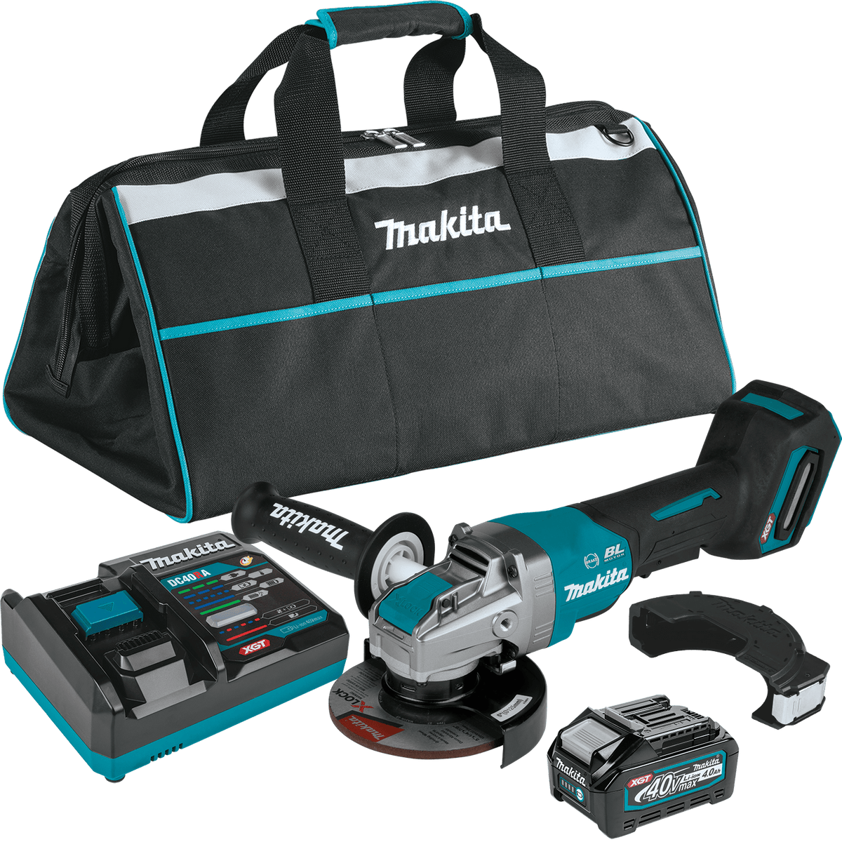 Complete product kit view of the Makita 40V Max XGT 5-inch angle grinder, including a 4.0Ah battery, rapid optimum charger, grinding wheel, tool-less guard, side handle, and heavy-duty Makita tool bag.