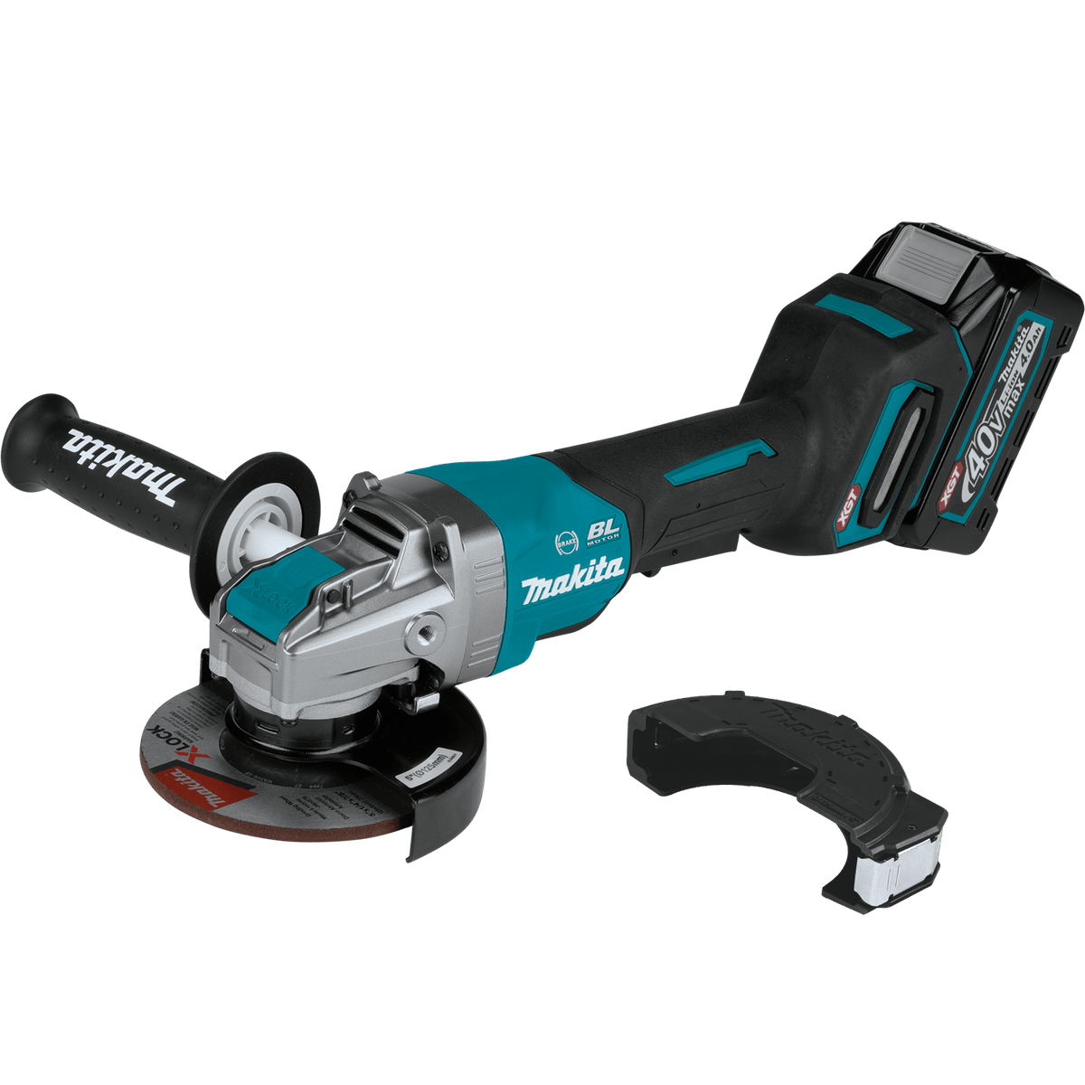Side profile of the Makita GAG13M1 40V Max brushless grinder with a 4.0Ah XGT battery and grinding wheel installed, highlighting the slim body design and ergonomic paddle switch for enhanced operator control.