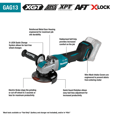 Technical infographic of the Makita GAG13 angle grinder detailing key performance features: X-LOCK quick change system, reinforced metal gear housing, electric brake, tool-less guard adjustment, and variable speed control.