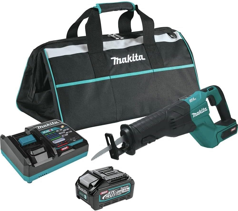A comprehensive product kit shot of the Makita GRJ01M1 40V Max XGT brushless cordless reciprocating saw, including a 4.0Ah lithium-ion battery, rapid optimum charger, a saw blade, and a durable black and teal Makita tool bag.