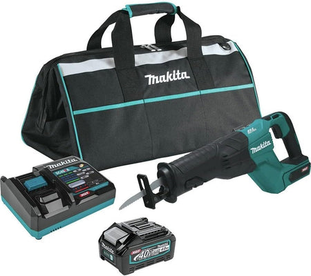 A comprehensive product kit shot of the Makita GRJ01M1 40V Max XGT brushless cordless reciprocating saw, including a 4.0Ah lithium-ion battery, rapid optimum charger, a saw blade, and a durable black and teal Makita tool bag.