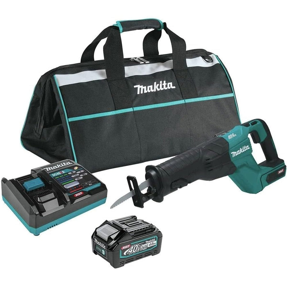A comprehensive product kit shot of the Makita GRJ01M1 40V Max XGT brushless cordless reciprocating saw, including a 4.0Ah lithium-ion battery, rapid optimum charger, a saw blade, and a durable black and teal Makita tool bag.