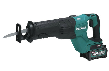 A side profile of the Makita GRJ01M1 40V Max XGT cordless reciprocating saw showing the ergonomic teal and black design with an attached 4.0Ah battery and a high-performance brushless motor emblem.