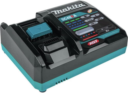 A detailed view of the Makita DC40RA 40V Max XGT Rapid Optimum Charger, showcasing the digital charging status display and dual-fan design for efficient cooling and faster charging times.