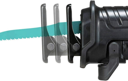 An action-oriented graphic demonstrating the adjustable shoe feature of the Makita GRJ01 reciprocating saw, showing three distinct depth positions to maximize blade longevity and cutting control.