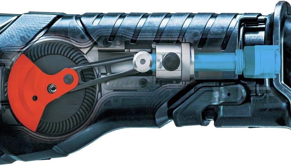 A technical cutaway illustration of the Makita XGT reciprocating saw's refined crank mechanism, designed to minimize blade deflection and absorb vibration for smoother, more efficient demolition cutting.