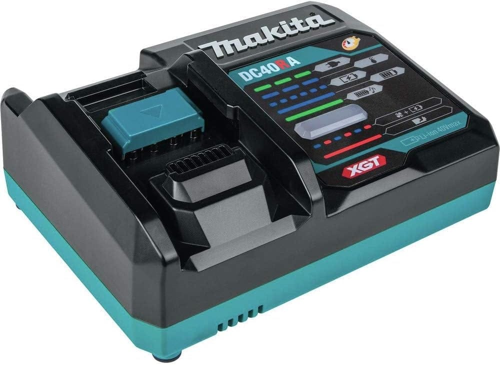 Angled studio view of the Makita DC40RA 40V Max XGT Rapid Optimum Charger showing the battery dock and LED status panel.