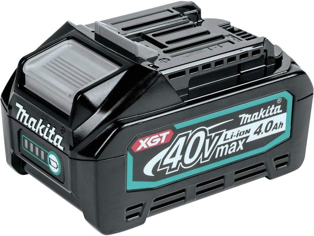 Studio view of the black Makita 40V Max XGT 4.0Ah Lithium-Ion battery pack featuring the teal XGT logo and LED charge indicator.