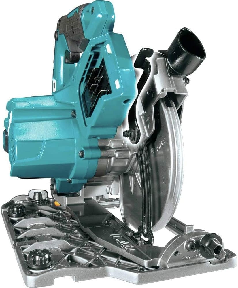 Front angled view of the circular saw showing the dust extraction port, front grip, and the sturdy magnesium base plate.