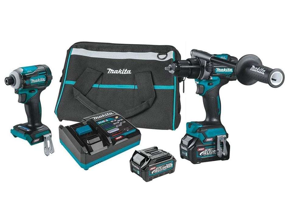 Studio view of the Makita GT200D 2-piece combo kit displaying the hammer driver-drill with side handle, impact driver, two 40V max XGT batteries, rapid charger, and tool bag.