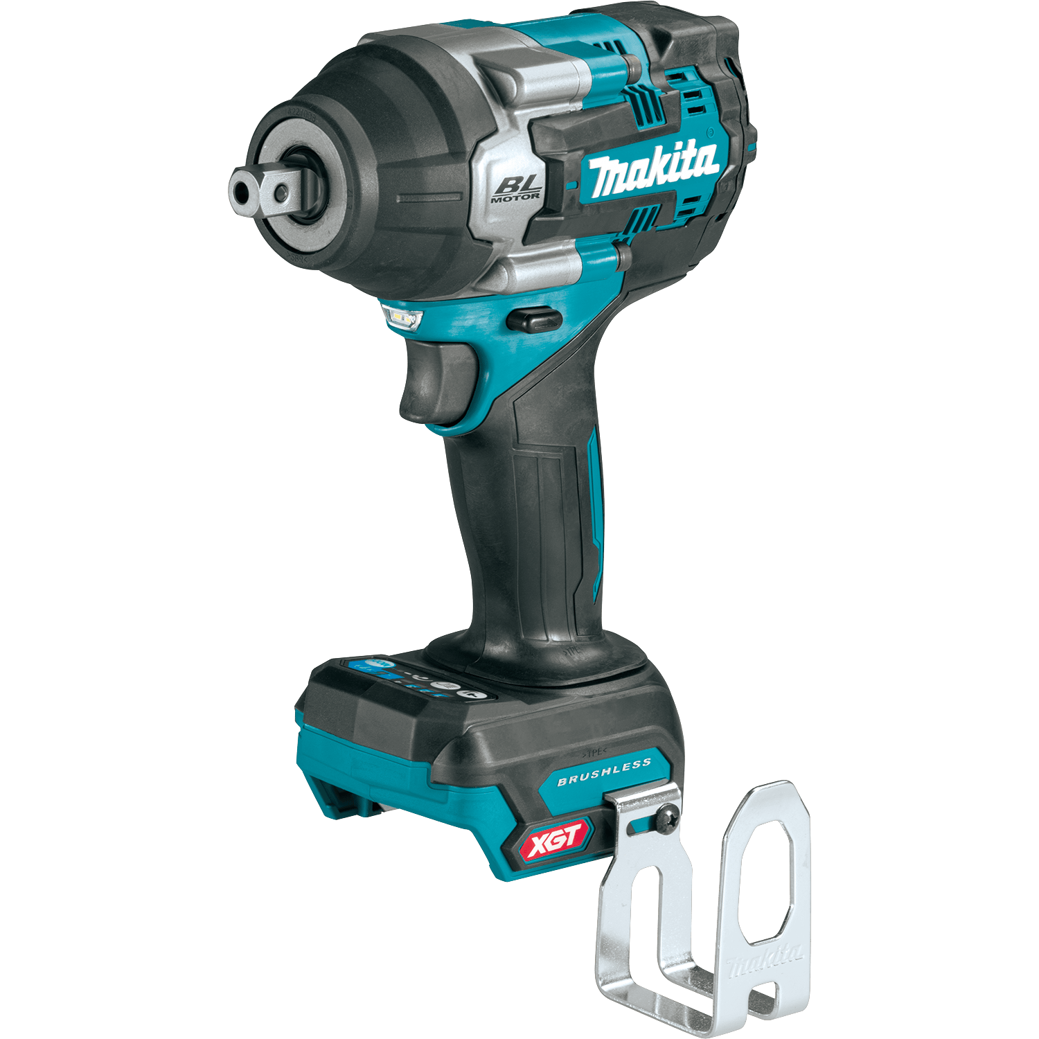 Isolated studio profile view of the Makita GWT08Z 40V Max XGT mid torque brushless 1/2 inch impact wrench against a solid black background. Shown as a bare tool without a battery or charger, the compact cordless mechanic tool clearly displays its detent anvil nose and attached steel tool belt clip.