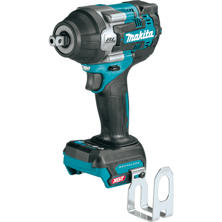 Isolated studio profile view of the Makita GWT08Z 40V Max XGT mid torque brushless 1/2 inch impact wrench against a solid black background. Shown as a bare tool without a battery or charger, the compact cordless mechanic tool clearly displays its detent anvil nose and attached steel tool belt clip.