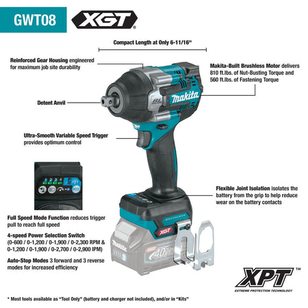 Product callout diagram of the Makita GWT08Z 40V Max XGT cordless mid torque impact wrench. Text labels highlight the compact 6-11/16 inch length, reinforced gear housing, detent anvil, ultra smooth variable speed trigger, brushless motor delivering 810 foot pounds of torque, and the flexible joint battery isolation system.