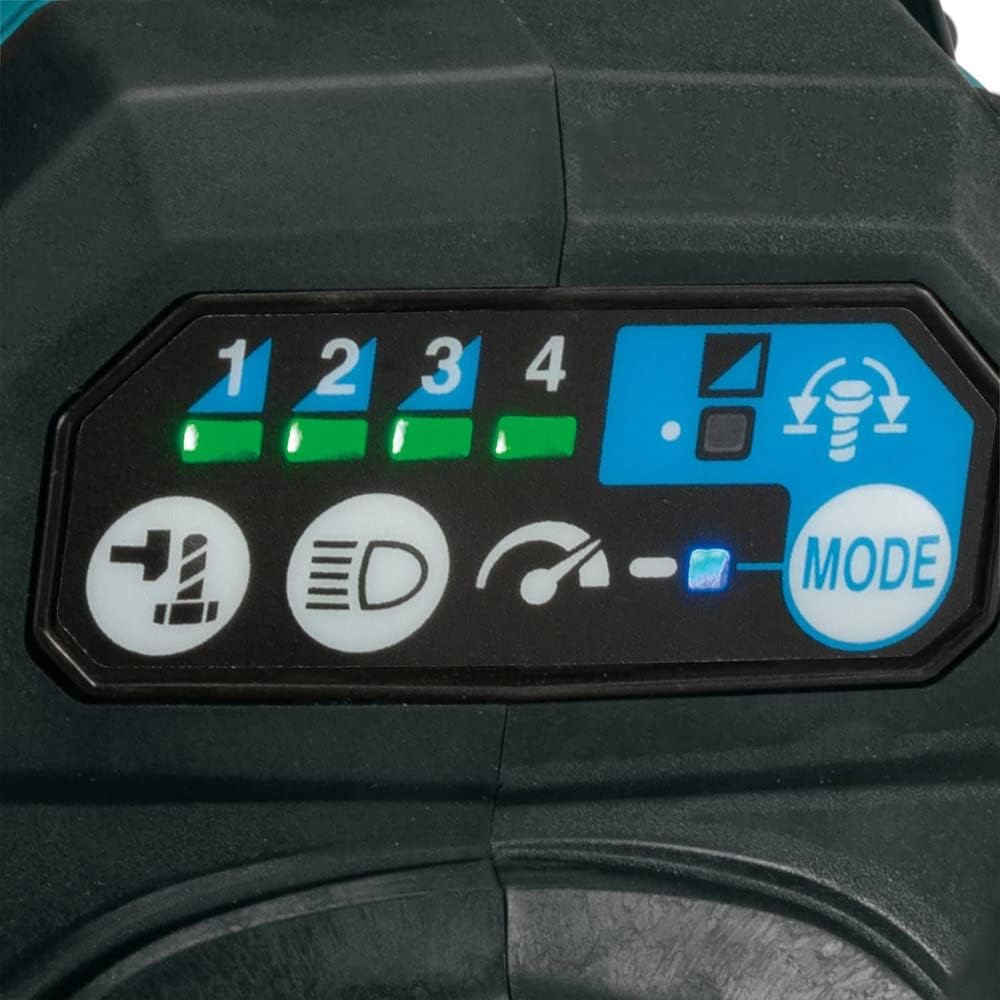 Close up view of the electronic control panel on a Makita 40V Max XGT brushless impact wrench. The digital display interface showcases illuminated green LED indicators for the 4 speed power selection settings along with option buttons for auto stop modes, LED light controls, and full speed mode.