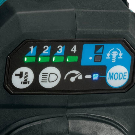 Close up view of the electronic control panel on a Makita 40V Max XGT brushless impact wrench. The digital display interface showcases illuminated green LED indicators for the 4 speed power selection settings along with option buttons for auto stop modes, LED light controls, and full speed mode.