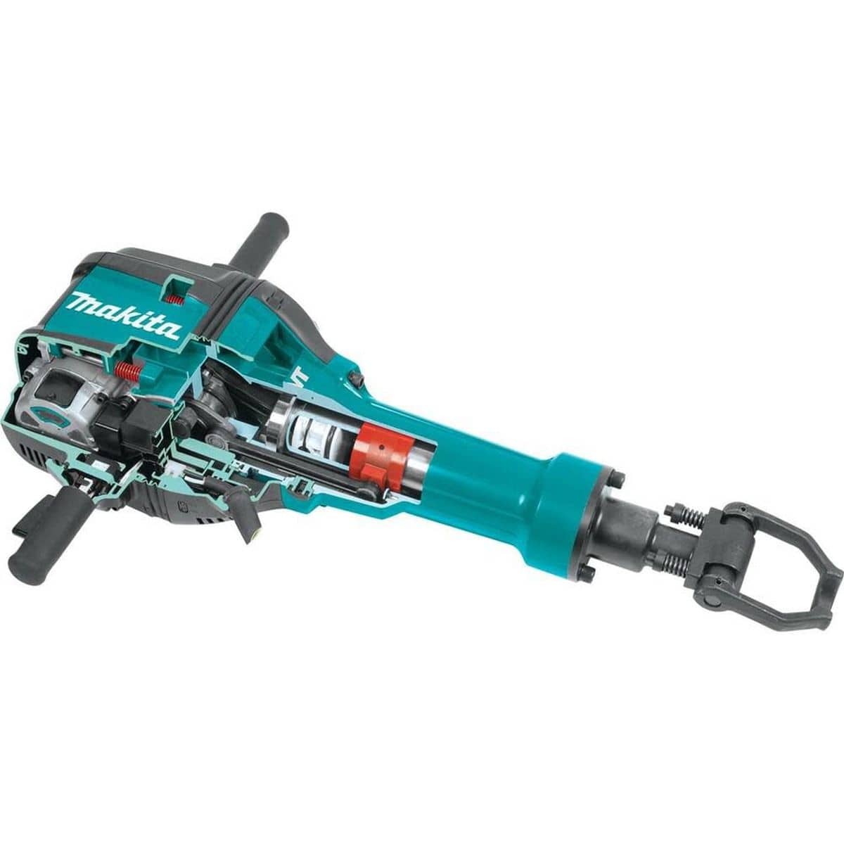 A cutaway illustration of the Makita HM1812 breaker hammer’s internal mechanisms, highlighting the Advanced AVT counterbalance system and industrial motor designed for heavy-duty concrete demolition.