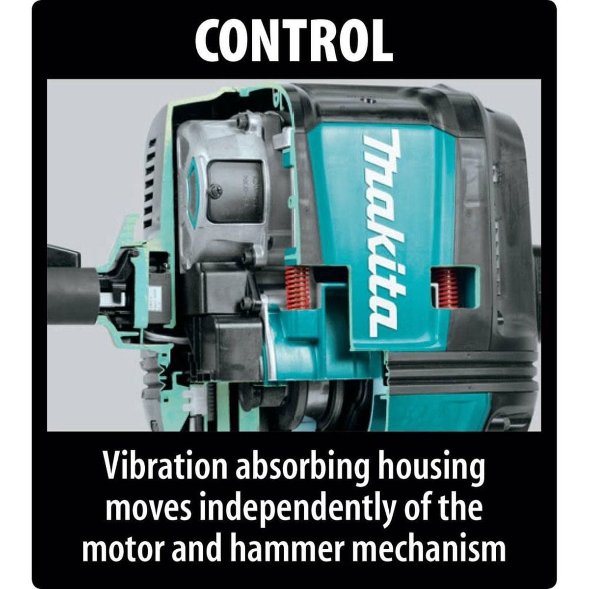 Close-up technical graphic of the Makita HM1812 vibration-absorbing housing, showing how the outer casing moves independently from the motor to isolate the user from high-impact demolition forces.