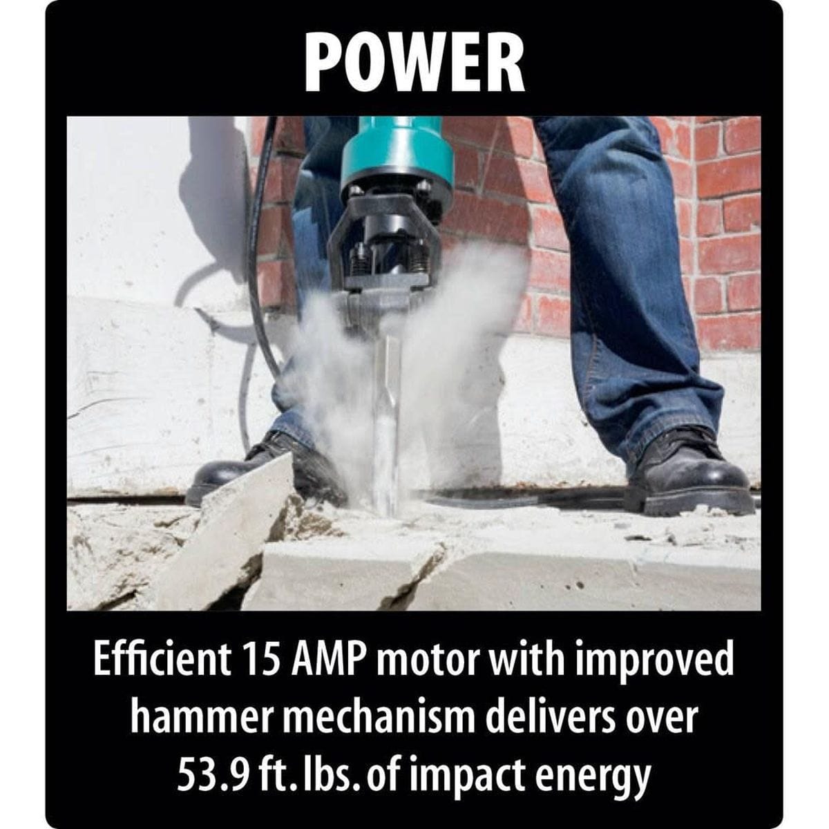A professional using the Makita corded electric breaker hammer to demolish a concrete slab, demonstrating the tool's 53.9 ft. lbs. of impact energy and 15 AMP motor performance.