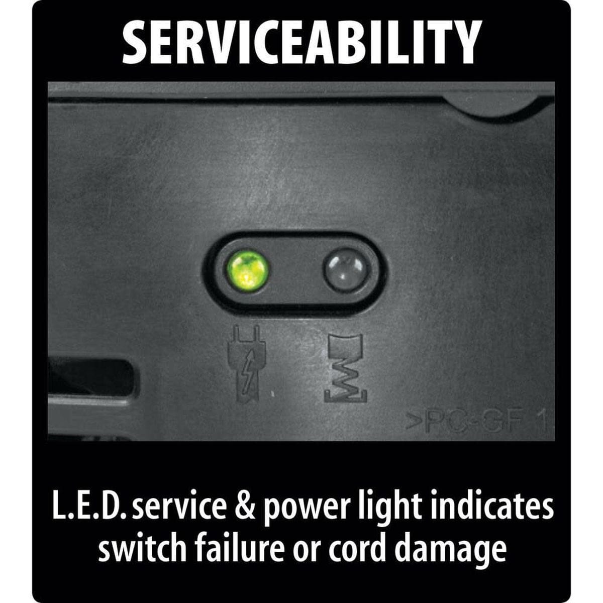 Detailed view of the integrated L.E.D. service and power indicator lights on the Makita breaker hammer, which alert the user to potential switch failure or cord damage.