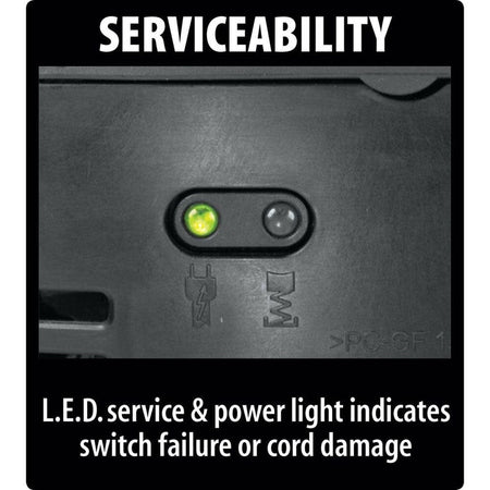 Detailed view of the integrated L.E.D. service and power indicator lights on the Makita breaker hammer, which alert the user to potential switch failure or cord damage.