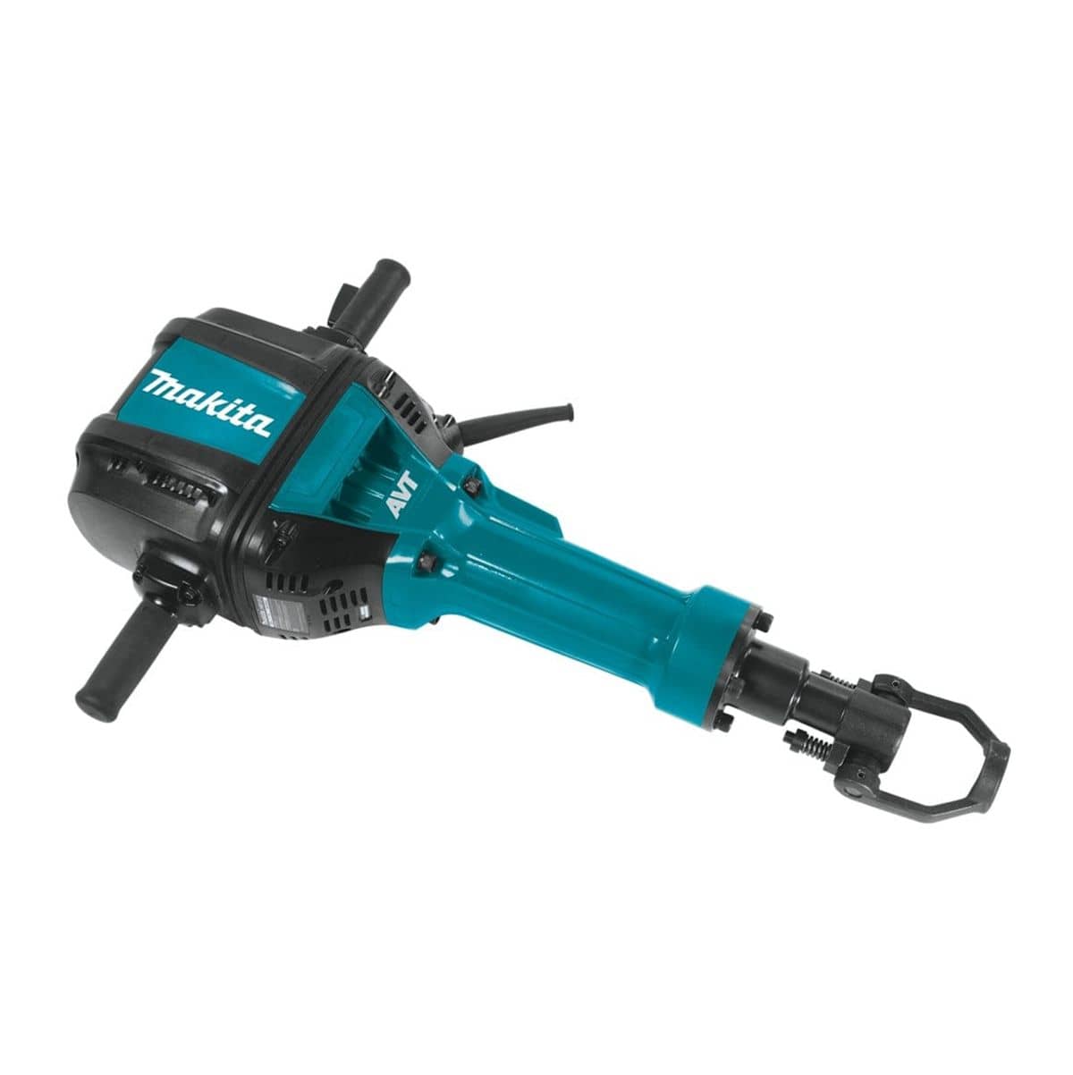 Perspective view of the Makita HM1812 70 lb. Advanced AVT breaker hammer featuring the 1-1/8 inch hex bit holder and ergonomic fixed handles for professional concrete breaking.