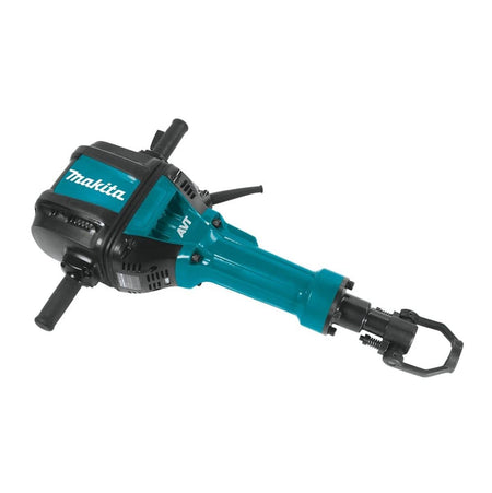 Perspective view of the Makita HM1812 70 lb. Advanced AVT breaker hammer featuring the 1-1/8 inch hex bit holder and ergonomic fixed handles for professional concrete breaking.