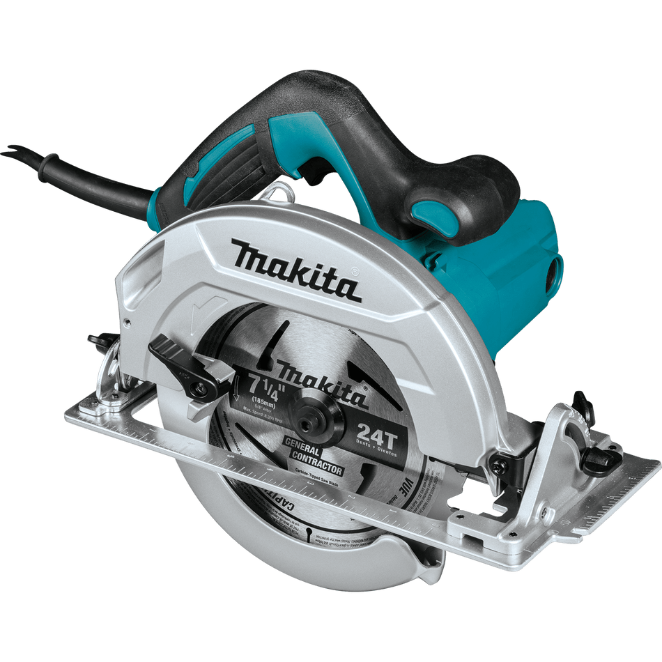 Isolated view of the Makita HS7610 7-1/4 inch corded circular saw featuring a teal industrial housing, durable silver blade guard, and an ergonomic rubberized top handle designed for professional framing.