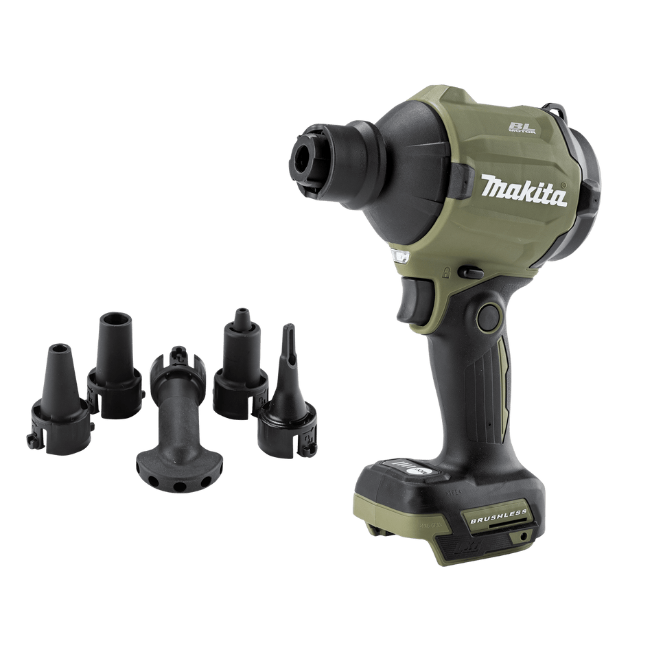 Makita ADSA01Z 18V LXT cordless high-speed blower displaying its compact in-line body and five included quick-change air nozzles.