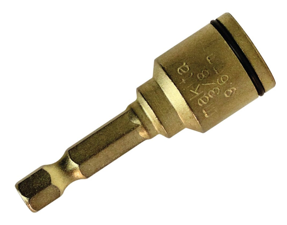 A close-up studio shot of the gold-colored Makita Impact GOLD nutsetter against a white background. The tool features a 1/4-inch hex shank at the bottom and a 3/8-inch socket head at the top with a black non-magnetic snap ring. The text "Makita 3/8" is stamped into the side of the socket.