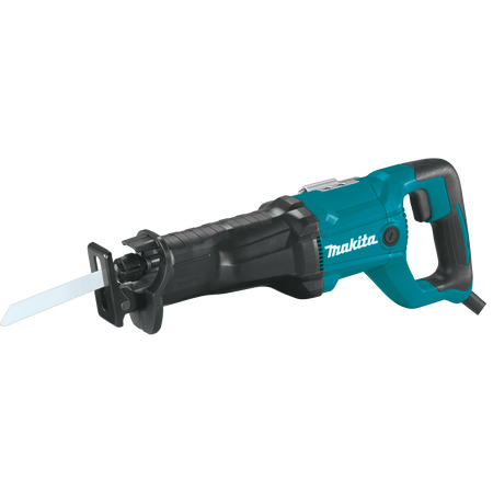 Isolated side view of the Makita JR3051T 12 AMP corded reciprocating saw featuring a high-durability teal body, professional rubberized handle, and a 6-inch wood cutting blade for industrial demolition.