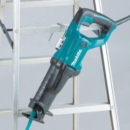 Full profile view of the Makita 12 AMP corded reciprocating saw resting on a ladder