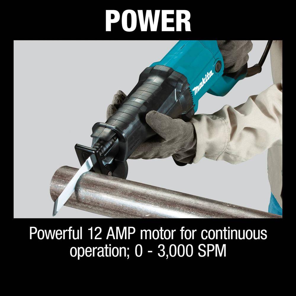 Detailed view of the Makita reciprocating saw's front assembly showcasing the durable pivot shoe and the simple tool-less blade change lever for rapid accessory swaps without wrenches.