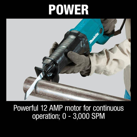 Detailed view of the Makita reciprocating saw's front assembly showcasing the durable pivot shoe and the simple tool-less blade change lever for rapid accessory swaps without wrenches.
