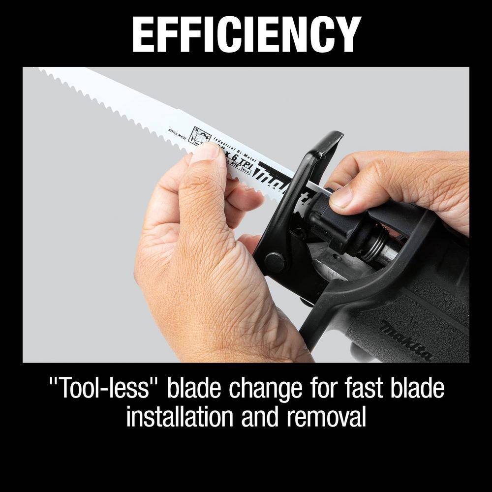 Person changing a blade on a power tool with text highlighting efficiency.