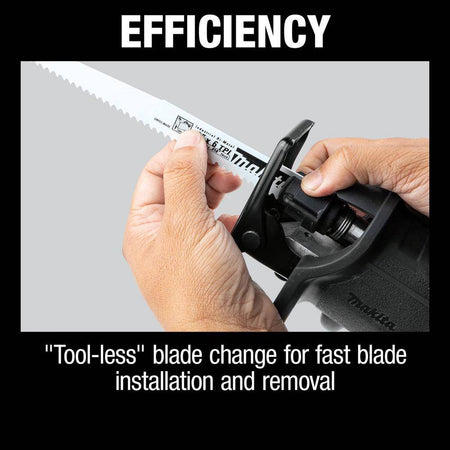 Person changing a blade on a power tool with text highlighting efficiency.