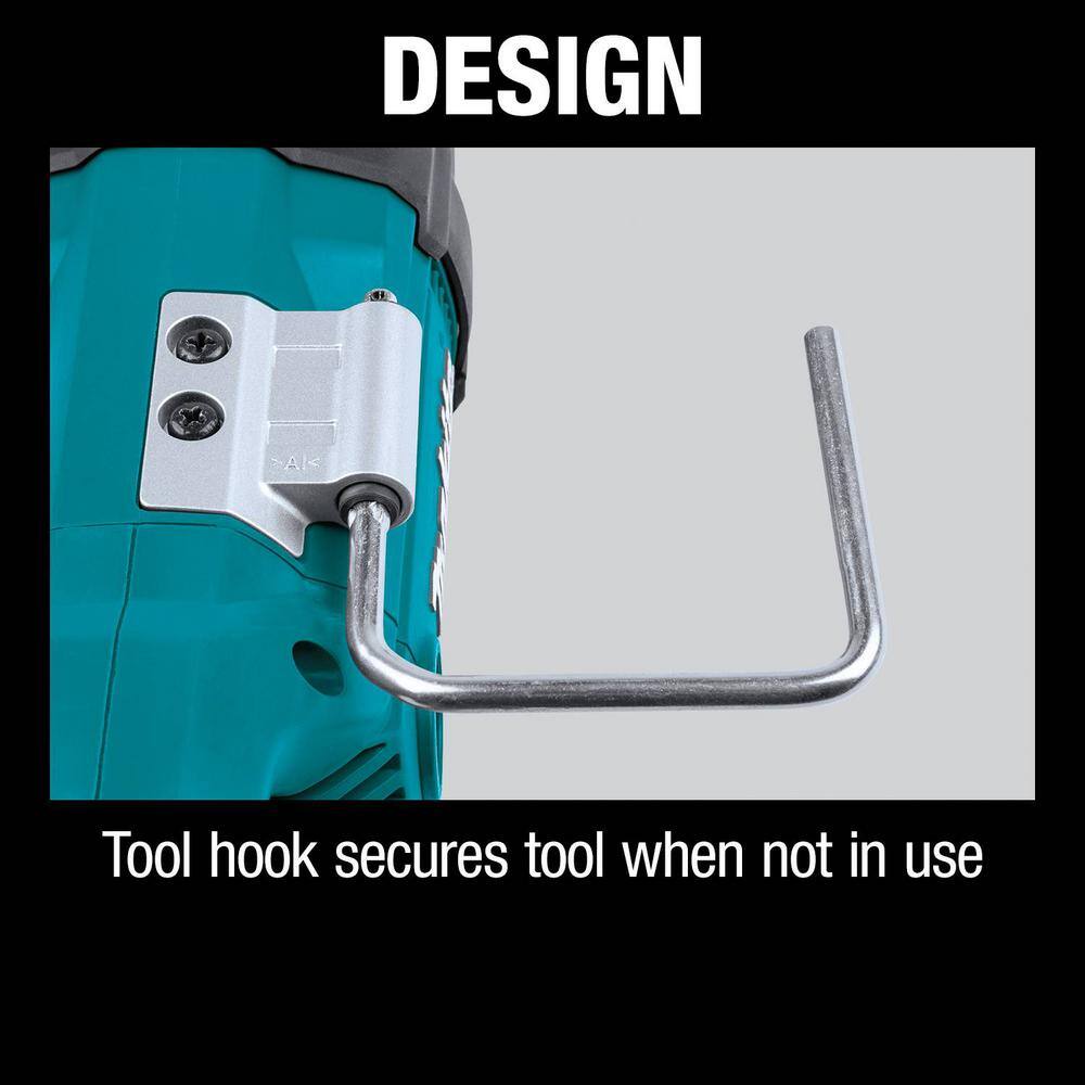 Detailed view of the Makita reciprocating saw's front assembly showcasing the durable pivot shoe and the simple tool-less blade change lever for rapid accessory swaps without wrenches.