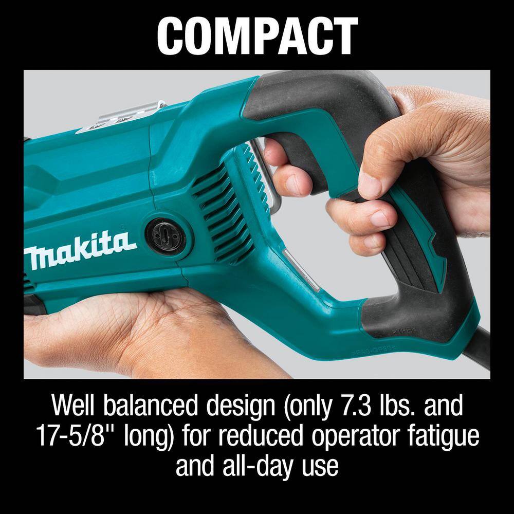 High-angle view of the Makita 12 AMP demolition saw emphasizing the large two-finger variable speed trigger and ergonomic soft grip handle designed to reduce operator fatigue.