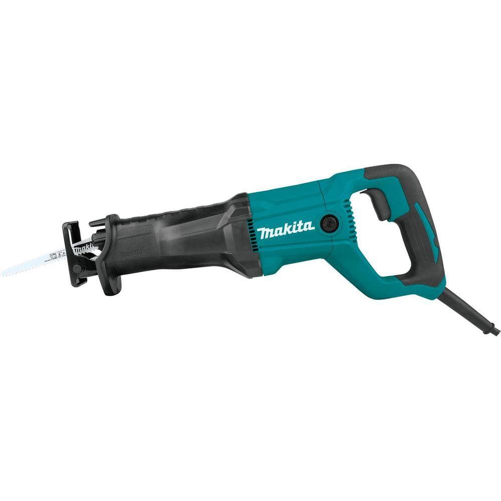 Isolated side view of the Makita JR3051T 12 AMP corded reciprocating saw featuring a high-durability teal body, professional rubberized handle, and a 6-inch wood cutting blade for industrial demolition.