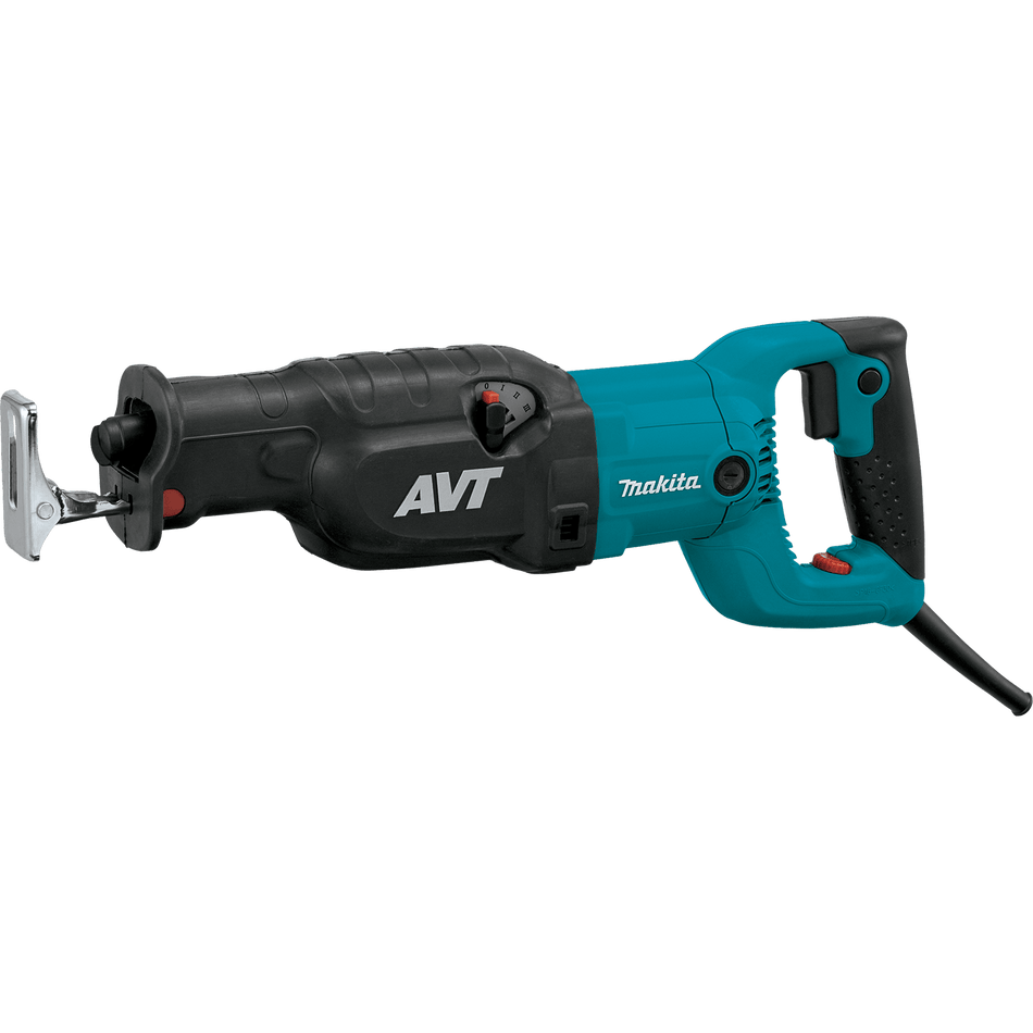 Full profile view of the Makita JR3070CTH 15 AMP reciprocating saw featuring specialized Anti-Vibration Technology (AVT) and a high-torque limiter housing for industrial pallet dismantling.