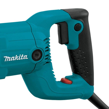 Detailed view of the Makita pallet saw handle assembly, showcasing the ergonomic rubberized grip, large two-finger variable speed trigger, and integrated lock-on button for continuous operation.