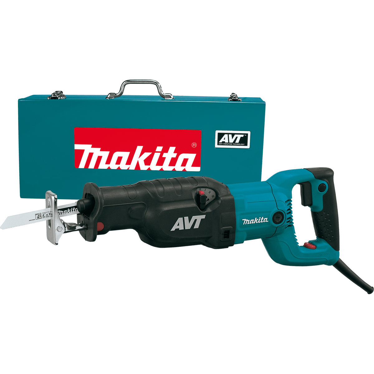 Complete product view of the Makita JR3070CT 15 AMP reciprocating saw featuring Anti-Vibration Technology (AVT), positioned in front of its heavy-duty teal steel carrying case with a 6-inch demolition blade.
