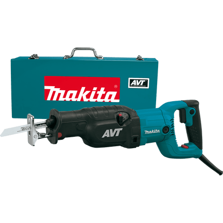 Complete product view of the Makita JR3070CT 15 AMP reciprocating saw featuring Anti-Vibration Technology (AVT), positioned in front of its heavy-duty teal steel carrying case with a 6-inch demolition blade.