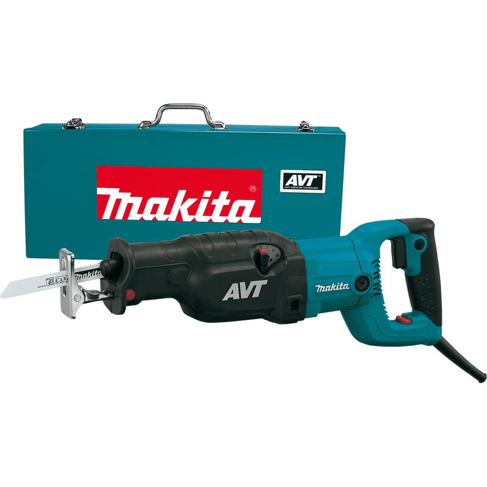 Complete product view of the Makita JR3070CT 15 AMP reciprocating saw featuring Anti-Vibration Technology (AVT), positioned in front of its heavy-duty teal steel carrying case with a 6-inch demolition blade.